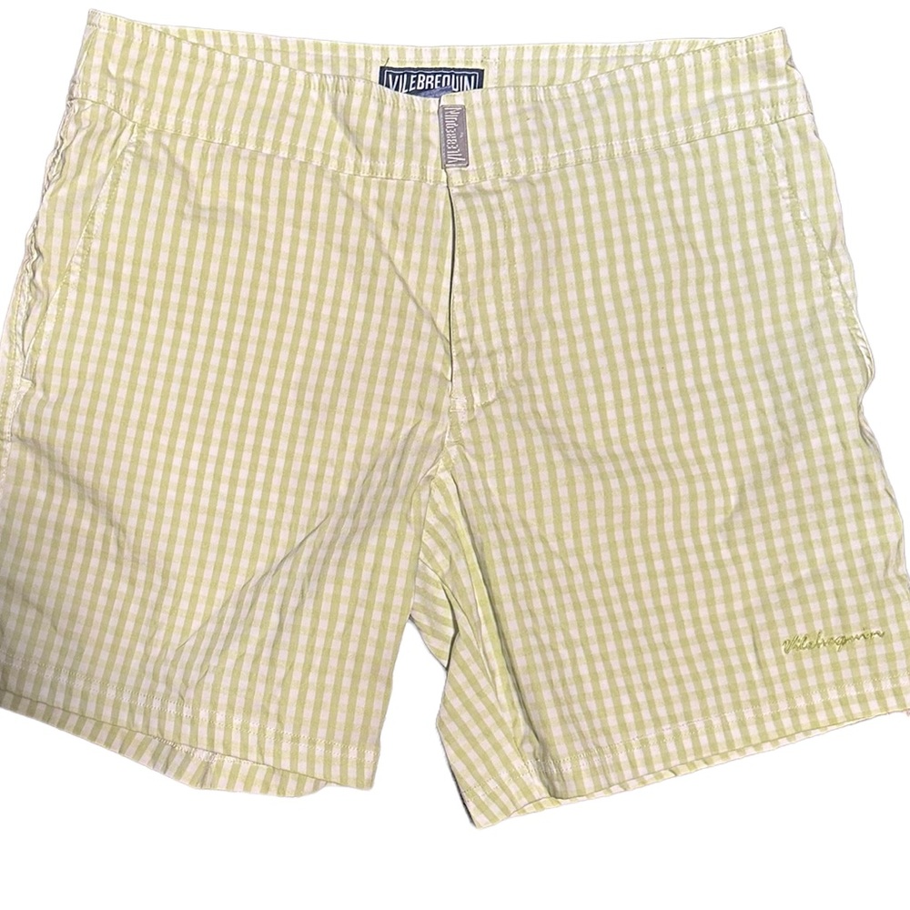 Vilebrequin Men’s French Swim Trunks in Mint Green Gingham patterns in Medium